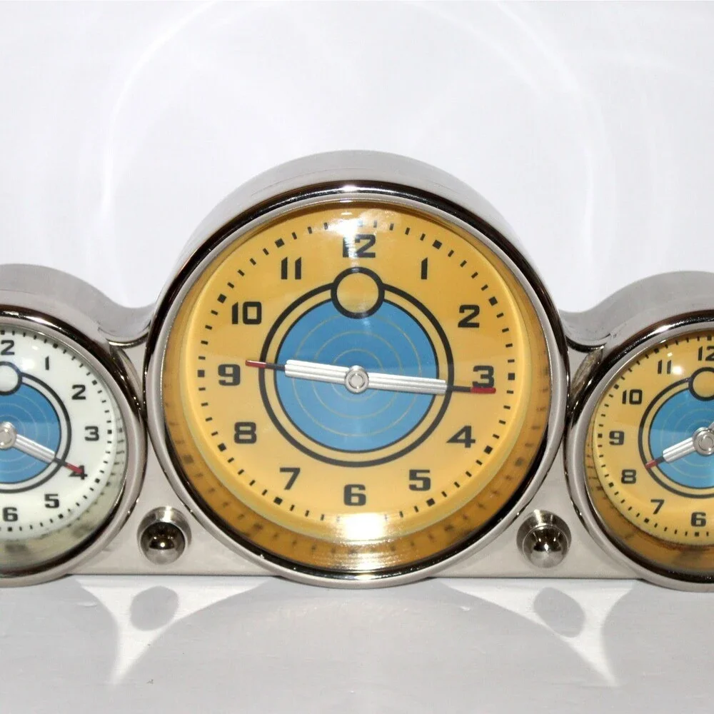 Pottery Barn Chrome 3 Time Zone Clock Blue Light retro dashboard aviator car